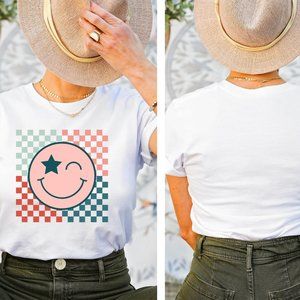 Checkered Pattern Smile Face Trendy Graphic Retro Tee